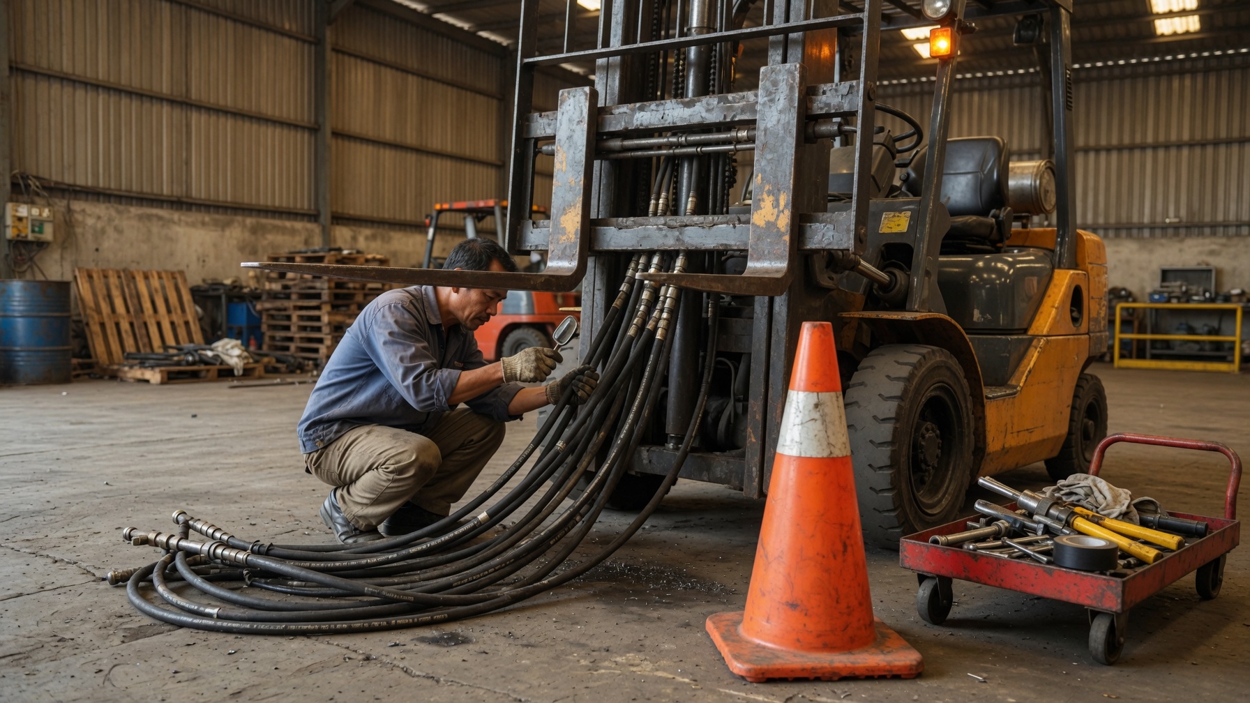 Teknisi memeriksa selang hidrolik di bawah mast forklift