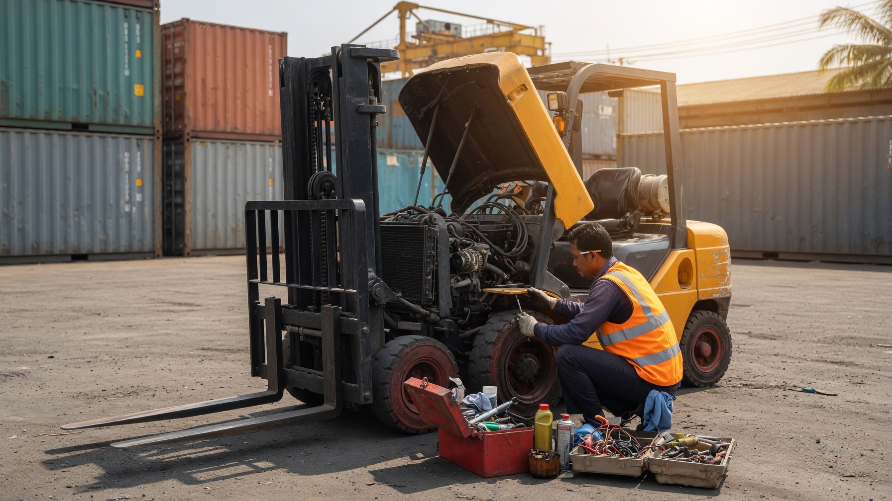 Servis lapangan di yard logistik sore hari