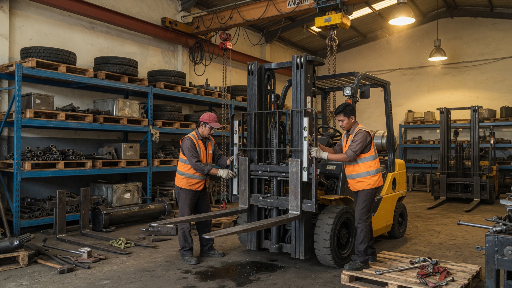 Dua teknisi menyelaraskan forks di bay workshop