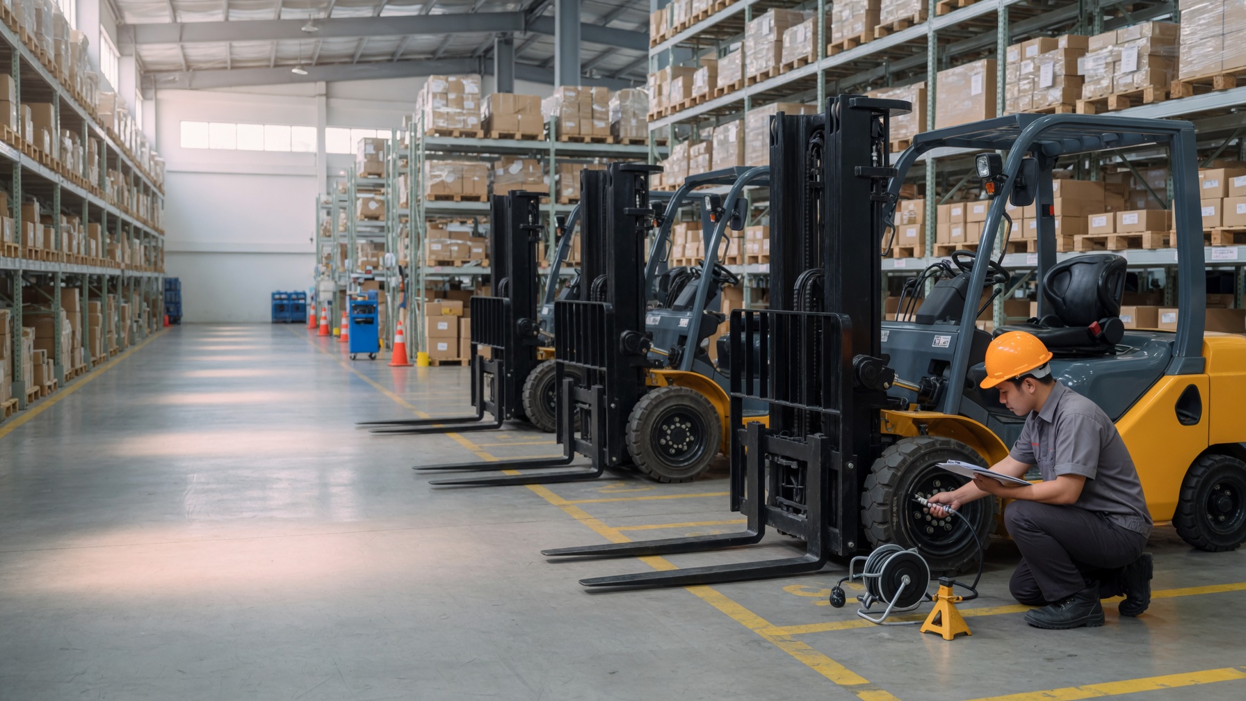 PM armada: tiga forklift di lorong warehouse