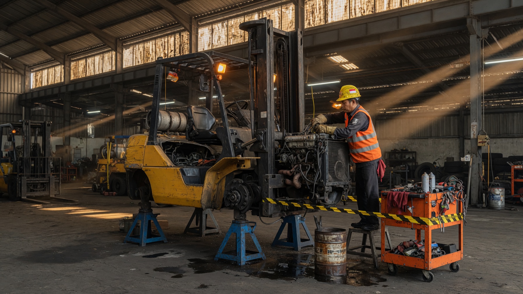 Teknisi mengerjakan forklift di bengkel